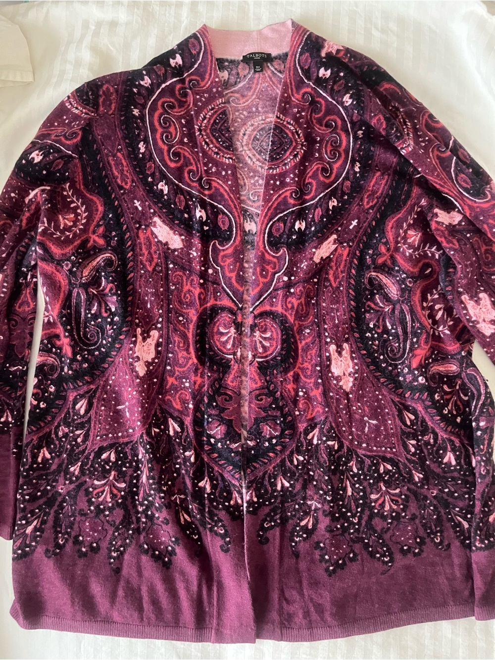 Talbots Pink Plum Paisley Open Front Cardigan